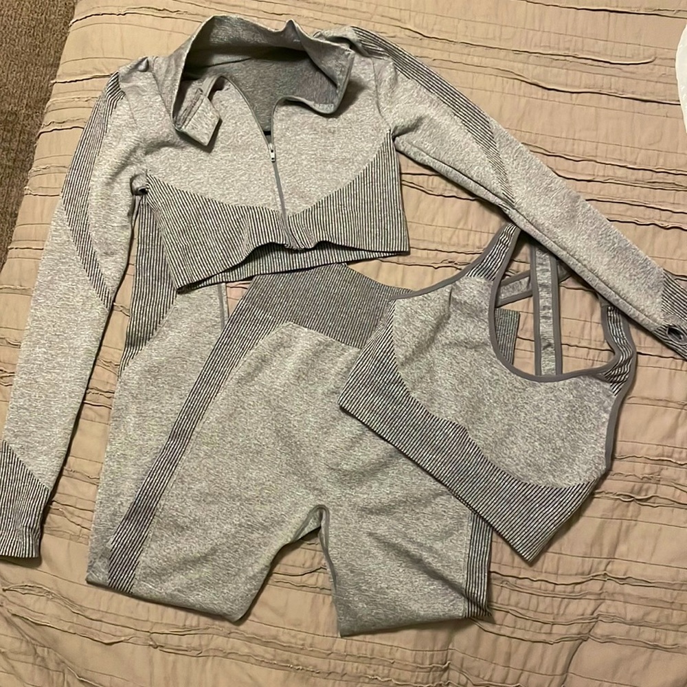 Brand is LA, three-piece gray workout set